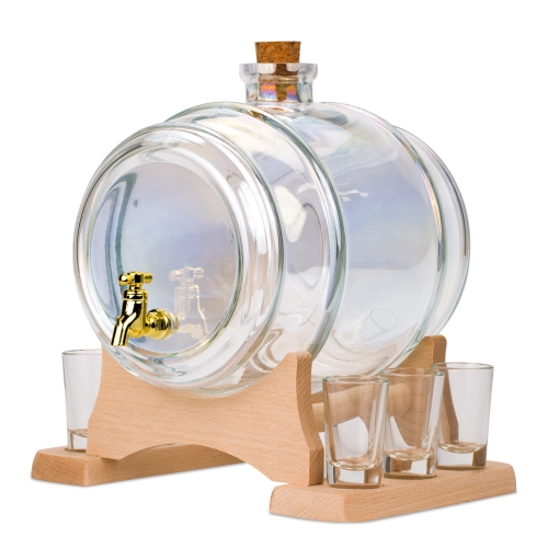 Beczka szklana holograficzna 4 l z kieliszkami 25 ml na wino nalewkę