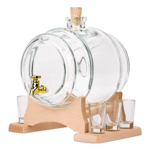 Beczka szklana bezbarwna 5 l z kieliszkami 25 ml na wino nalewkę
