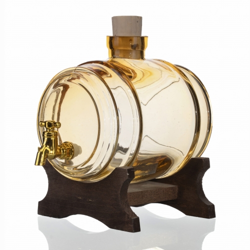 Beczka szklana bursztynowa 1 L z kranikiem + podstawka ciemna