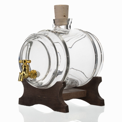 Beczułka szklana bezbarwna 1 L z kranikiem + podstawka ciemna