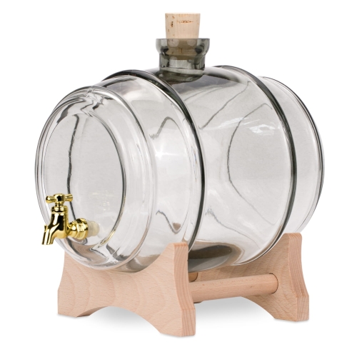 Beczka szklana popielata 2 l z kranikiem + podstawka drewniana