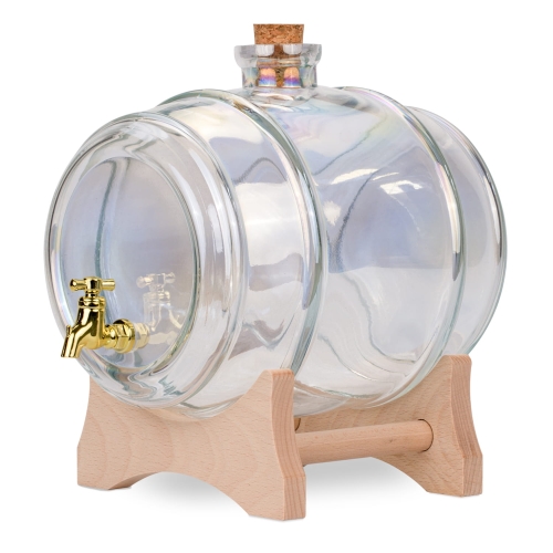 Beczka szklana holograficzna 2 l z kranikiem + podstawka drewniana