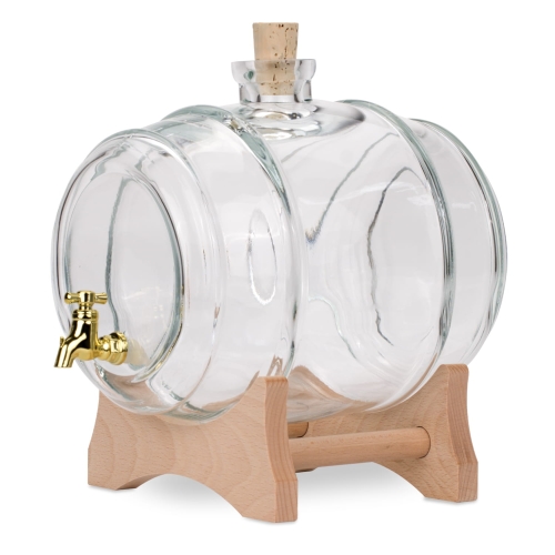 Beczka szklana bezbarwna 2 l z kranikiem + podstawka drewniana